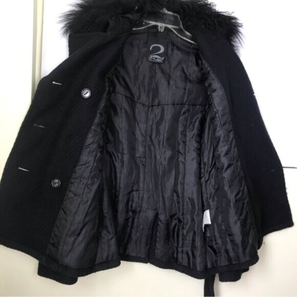 2 Xpose Boucle Pea Belted Coat Removable Fur Collar Pockets Texture Wool Short L - Picture 5 of 16